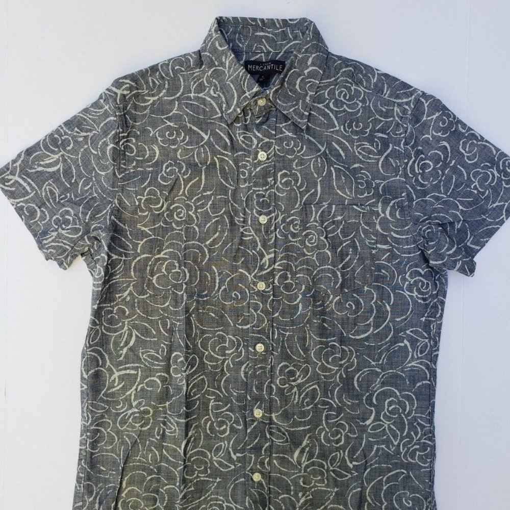 NEW J CREW Mercantile MEN Small GRAY BLUE SLIM Pocket Chambray Floral Rose Shirt